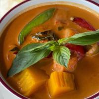 Pumpkin Curry (V) (GF) 🌶️ · Red coconut curry with pumpkin, bell peppers and basil