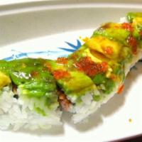 R3. Dragon Roll · Shrimp tempura, crab salad topped with avocado, eel, and unagi sauce.