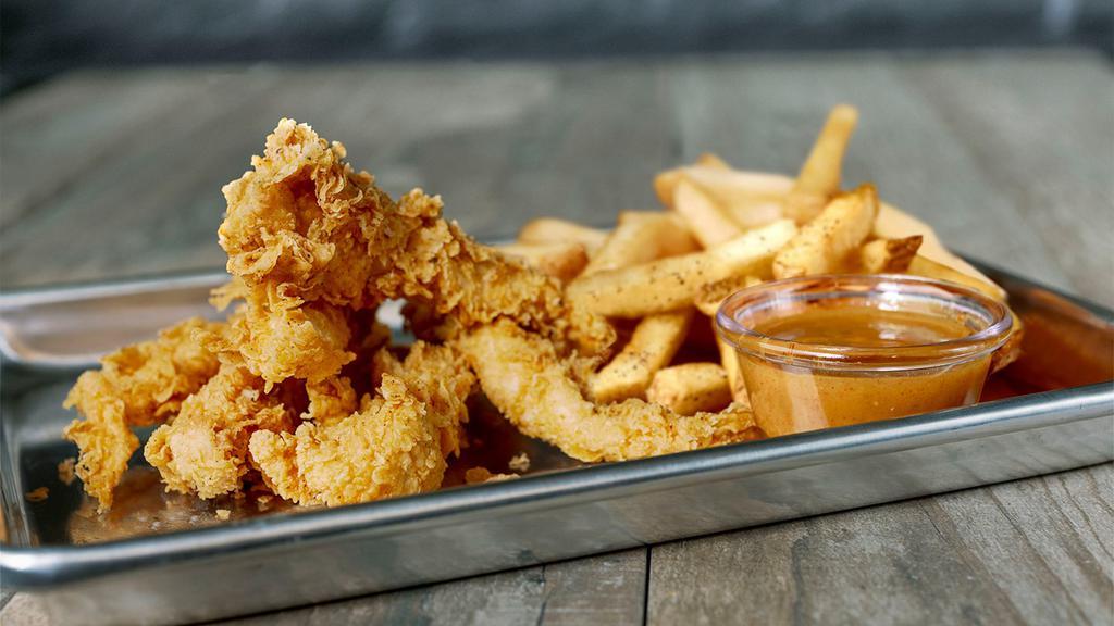Crispy Chicken Tenders · Five hand-breaded and seasoned, crispy chicken tenders served with your choice of sauce and perfectly seasoned crispy fries.