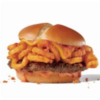 Sriracha Curly Fry Burger · Jumbo beef patty topped with cream sriracha sauce, seasoned curly fries and American cheese ...