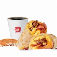 Meat Lovers Breakfast Burrito Combo · Includes hash browns and your choice of a large drink.