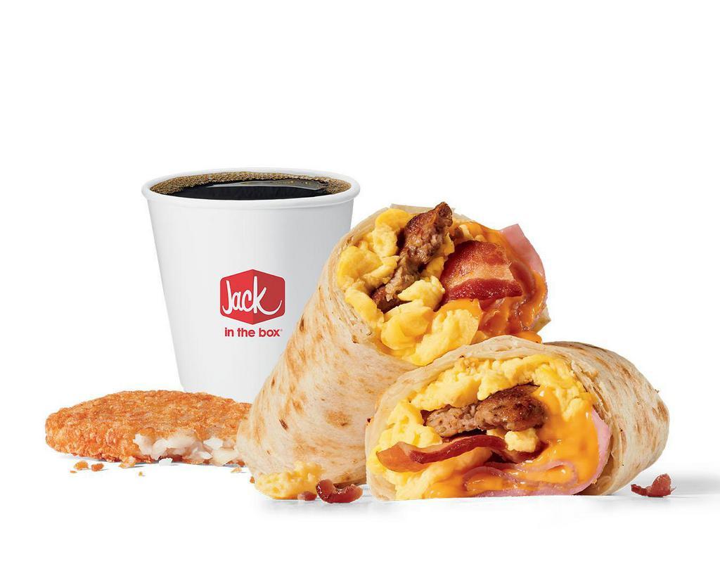 Meat Lovers Breakfast Burrito Combo · Includes hash browns and your choice of a large drink.