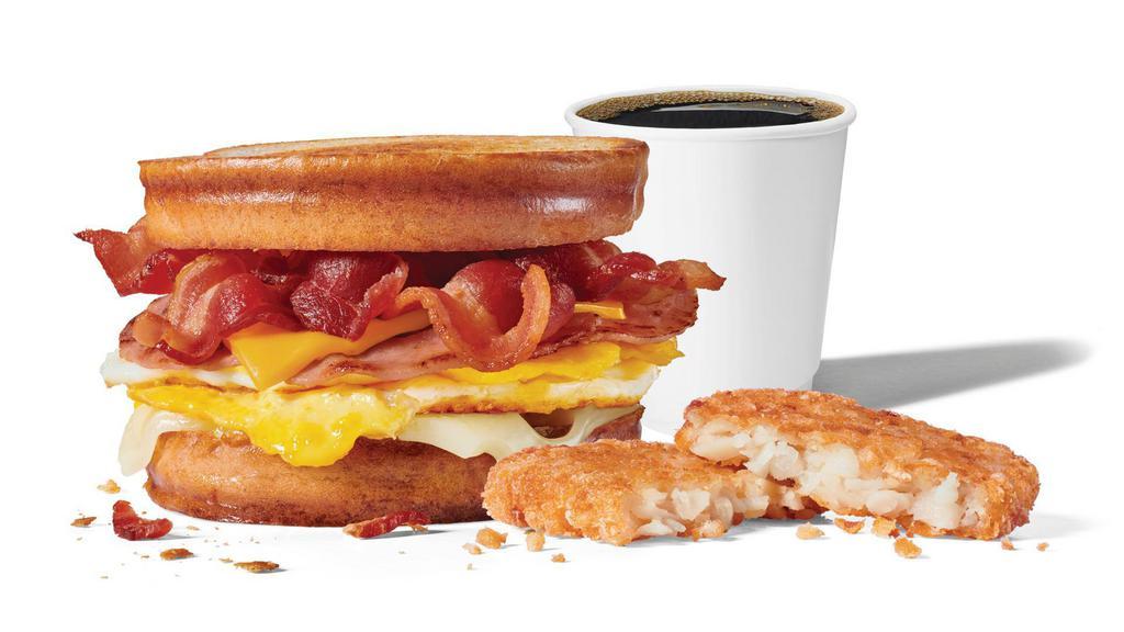 Grilled Sourdough Swiss Breakfast Combo · Includes hash browns and your choice of a large drink.