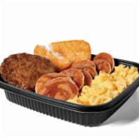 Jumbo Breakfast Platter W/ Sausage Combo · Includes hash browns and your choice of a large drink.