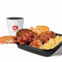 Jumbo Platter Bacon & Sausage Combo · Includes hash browns and your choice of a large drink.