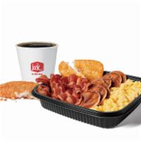 Jumbo Breakfast Platter W/ Bacon Combo · Includes hash browns and your choice of a large drink.