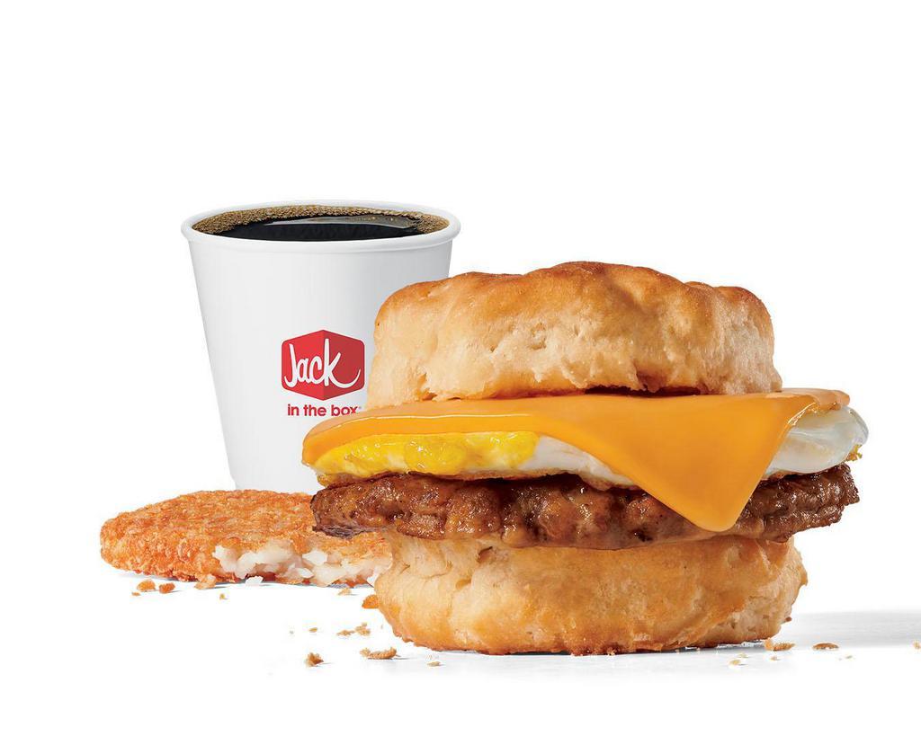 Sausage Egg & Cheese Biscuit Combo · Includes hash browns and your choice of a large drink.