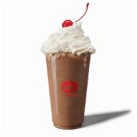 Large Chocolate Shake · Real vanilla ice cream blended with chocolate syrup and topped with a maraschino cherry
