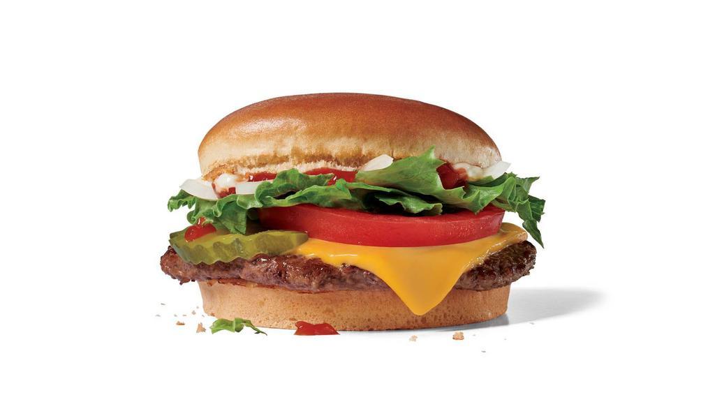 Jr. Jumbo Jack® Cheeseburger · Anywhere else this Jr. Jack would be senior. Because there is nothing junior about this honest-to-goodness 100% beef patty seasoned as it grills topped with American cheese, tomato, pickle, lettuce, and chopped onions--with the just-right amount of ketchup and real mayonnaise. But here? It's got some growing up to do.