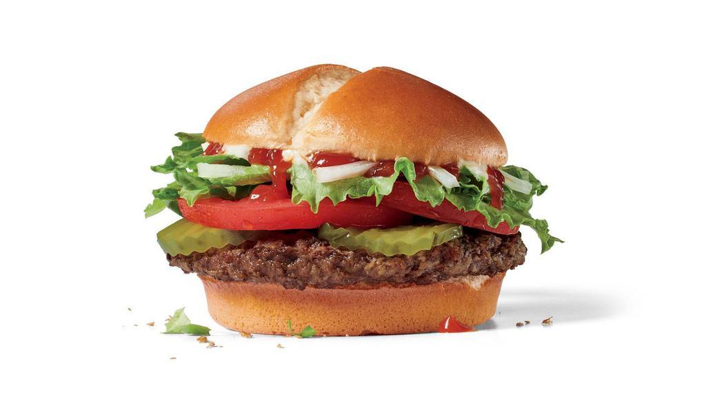 Jumbo Jack® · When you pick up the Jumbo Jack – made with a 100% beef patty seasoned as it grills topped with hand leafed lettuce, tomato, pickles, chopped onions, and real mayonnaise on a buttery bakery bun – your arms will tremble. And your mouth with open. It’s the delicious type of workout.