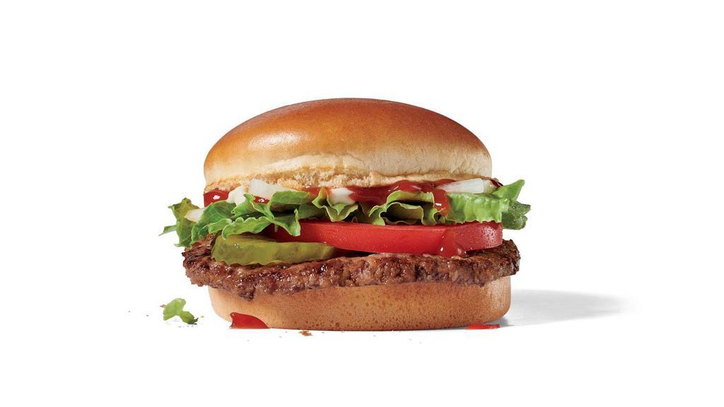 Jr. Jumbo Jack®  · Anywhere else this Jr. Jack would be a senior. Because the is nothing junior about this honest-to-goodness 100% beef patty seasoned as it’s grilled topped with tomato, pickle, lettuce, and chopped onions – with the just-right amount of ketchup and real mayonnaise. But here? It’s got some growing up to do.