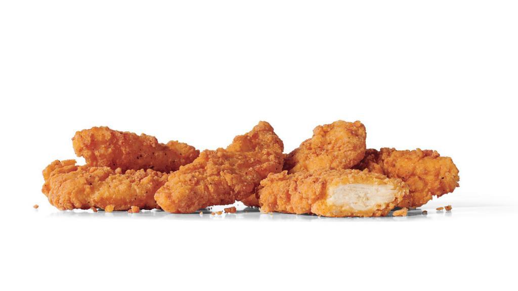 Crispy Chicken Strips (6) · Strips, huh? A purist, you’re here for just chicken. We respect that. That’s why we’re bringing you these all-new, thicker, crispy, and juicy strips made of 100% all-white meat and served with our top-secret mystery sauce. For those who just love chicken.