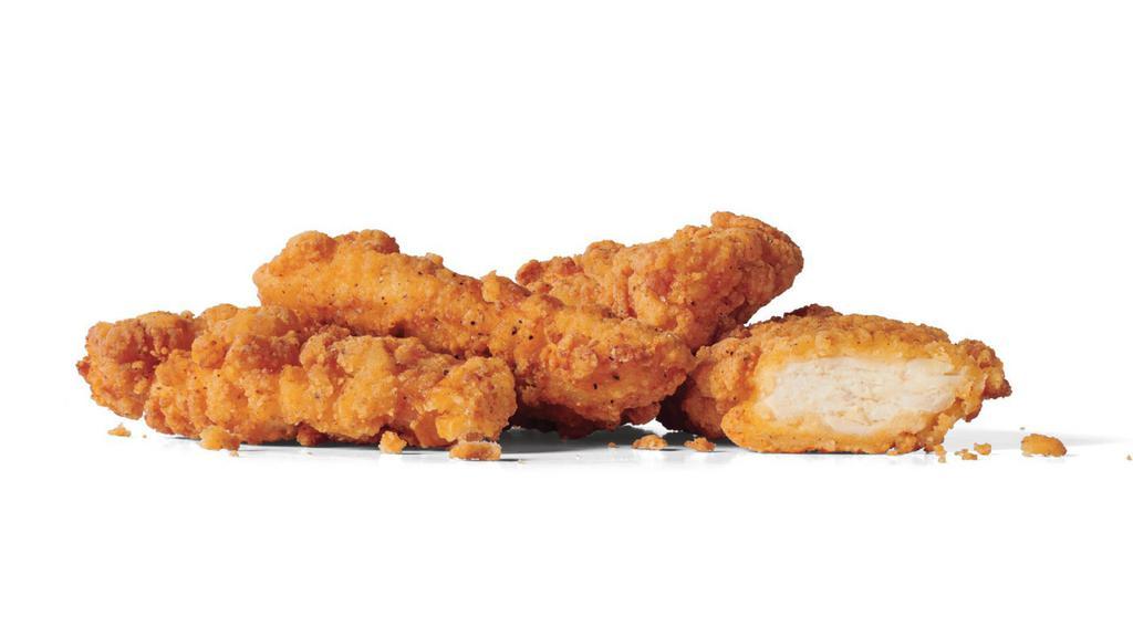 Crispy Chicken Strips (4) · Strips, huh? A purist, you’re here for just chicken. We respect that. That’s why we’re bringing you these all-new, thicker, crispy, and juicy strips made of 100% all-white meat and served with our top-secret mystery sauce. For those who just love chicken.