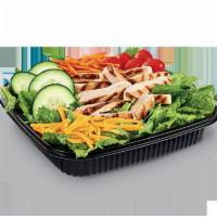 Grilled Chicken Salad · Iceberg and romaine lettuce blend topped with Julienne Chicken, cucumber slices, grape tomat...