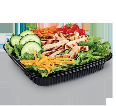 Grilled Chicken Salad · Iceberg and romaine lettuce blend topped with Julienne Chicken, cucumber slices, grape tomatoes, shredded carrots and shredded Cheddar cheese, served with Low-fat Balsamic Vinaigrette dressing and seasoned croutons