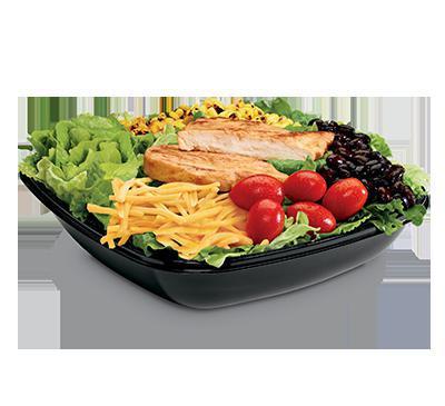 Southwest Chicken Salad (Grilled) · Iceberg and romaine lettuce blend topped with Grilled Chicken Strips, black beans, grape tomatoes, roasted corn, shredded Cheddar cheese, served with creamy Southwest dressing and spicy corn sticks