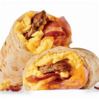 Meat Lovers Breakfast Burrito · Bacon, sausage patty and ham plus scrambled eggs and shredded cheddar cheese, in a warm flou...
