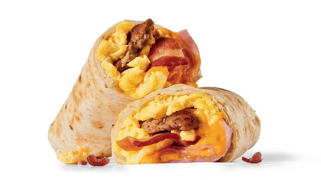 Meat Lovers Breakfast Burrito · Bacon, sausage patty and ham plus scrambled eggs and shredded cheddar cheese, in a warm flour tortilla. Served with a side of fire roasted salsa