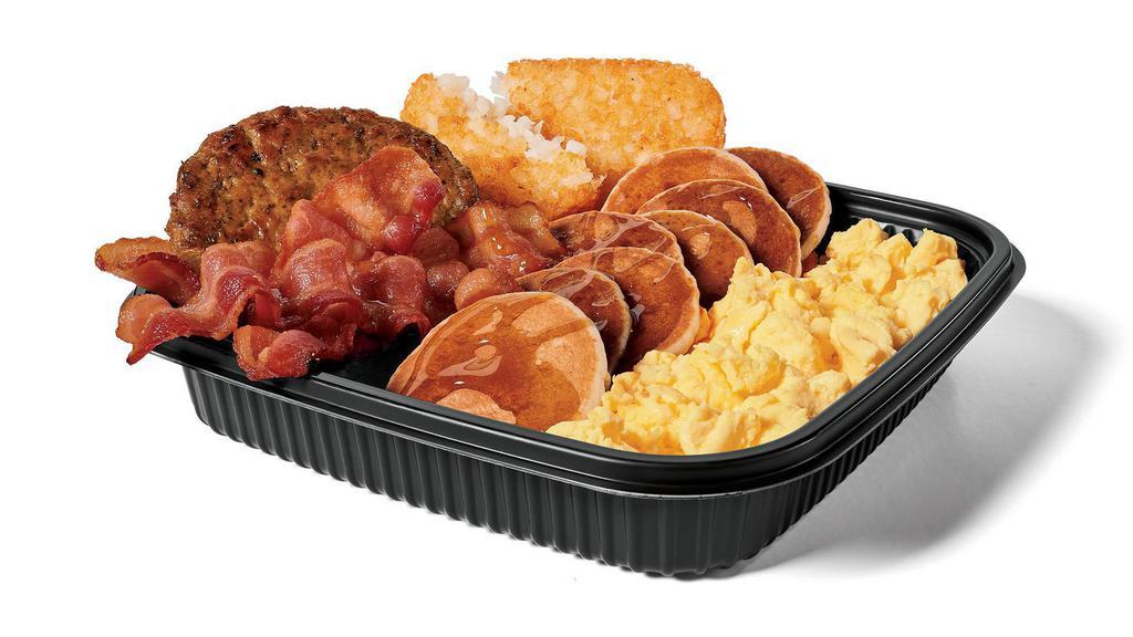 Jumbo Breakfast platter Bacon & Sausage · Scrambled eggs, mini pancakes, hash browns with Bacon and Sausage