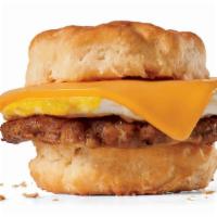 Sausage Egg & Cheese Biscuit · Fried egg, sausage and American cheese on a warm buttermilk biscuit