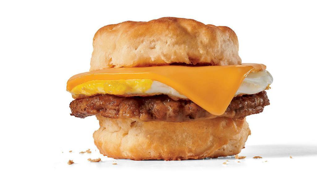 Sausage Egg & Cheese Biscuit · Fried egg, sausage and American cheese on a warm buttermilk biscuit