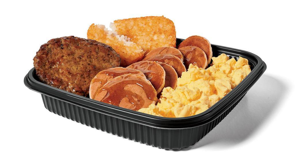 Jumbo Breakfast Platter W/ Sausage · Scrambled eggs, mini pancakes, hash browns and Sausage