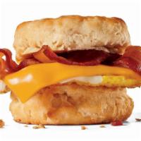 Bacon Egg & Cheese Biscuit · Fried egg, bacon and American cheese on a warm buttermilk biscuit