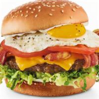 Royal Red Robin Burger® · Hardwood-smoked bacon, egg**, American cheese, lettuce, tomatoes and mayo.
