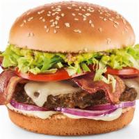 Guacamole Bacon Burger · House-made guac, hardwood-smoked bacon, Swiss, red onions, lettuce, tomatoes and mayo.