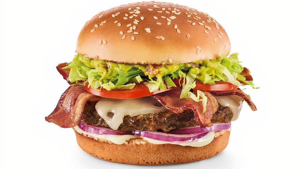 Guacamole Bacon Burger · House-made guac, hardwood-smoked bacon, Swiss, red onions, lettuce, tomatoes and mayo.