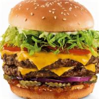 Monster Burger · Two Gourmet patties, your choice of cheese, red onion, Red’s Pickle Relish, pickles, shredde...