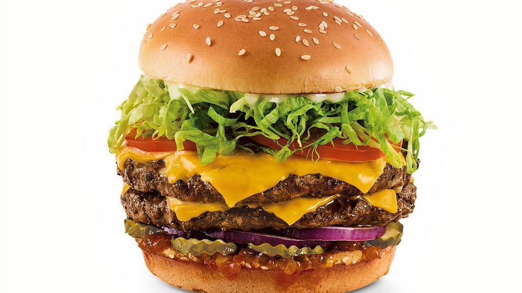 Monster Burger · Two Gourmet patties, your choice of cheese, red onion, Red’s Pickle Relish, pickles, shredded lettuce, tomatoes and mayo..