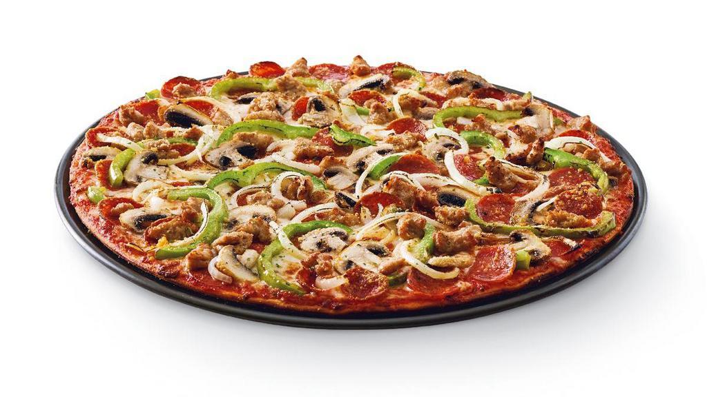 The Works™ · Heritage pepperoni, family recipe sausage, freshly cut green peppers and yellow onions, fresh mushrooms.