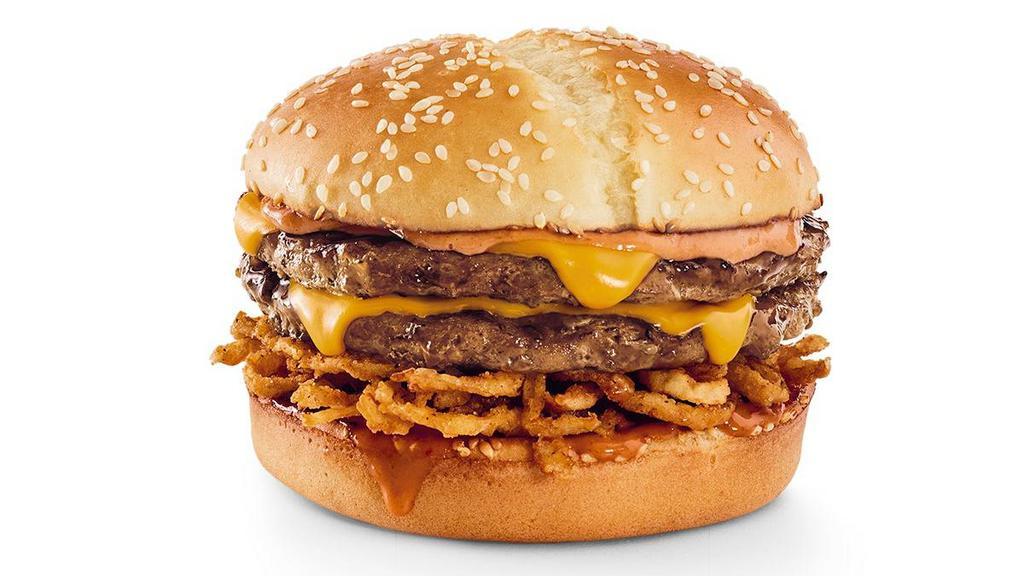 Haystack Tavern Double™ · Two tavern-sized patties topped with American cheese, Campfire Mayo and crispy onion straws.. Upgrade to the Big to swap your two tavern-sized patties for one Gourmet beef patty.