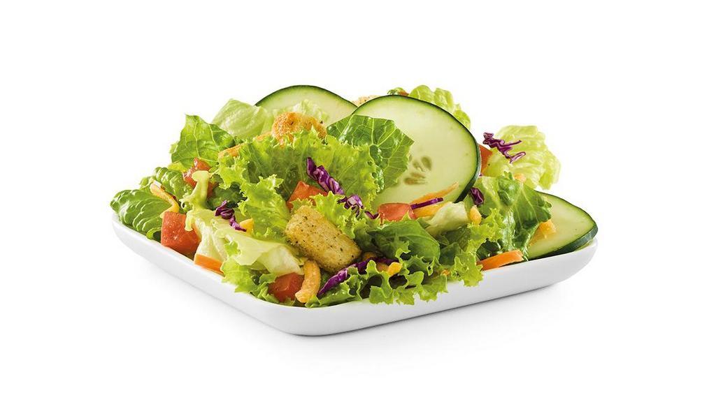 House Salad · Diced tomato, sliced cucumber, shredded Cheddar cheese and croutons on mixed greens with choice of dressing.. Does not include calories for dressing.