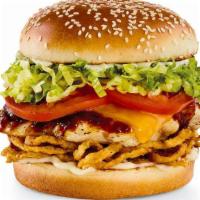 Whiskey River® Bbq Chicken · Whiskey River® BBQ Sauce, Cheddar, crispy onion straws, lettuce, tomatoes and mayo..
