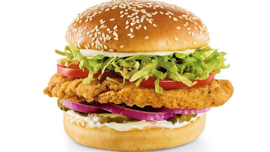 Crispy Chicken · Pickles, red onions, lettuce, tomatoes and mayo.