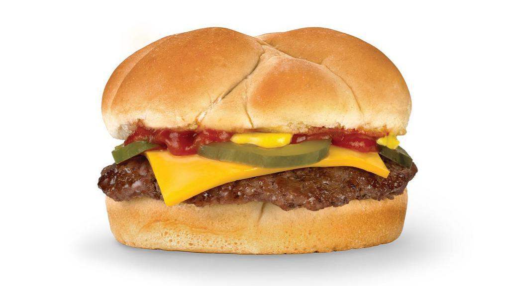 Cheeseburger · Made with 100% U.S. Beef and dressed with American cheese, ketchup, mustard and pickles.
