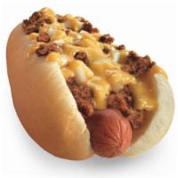Coney Cheese Dog · Our famous Coney Dog topped with cheddar cheese sauce and diced onions.