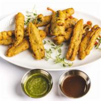 Chilly Pakora · Vegan, Gluten-Free. Spicy 
Jalapeño Fritters, Deep Fried with Chickpea Flour Batter Sprinkle...