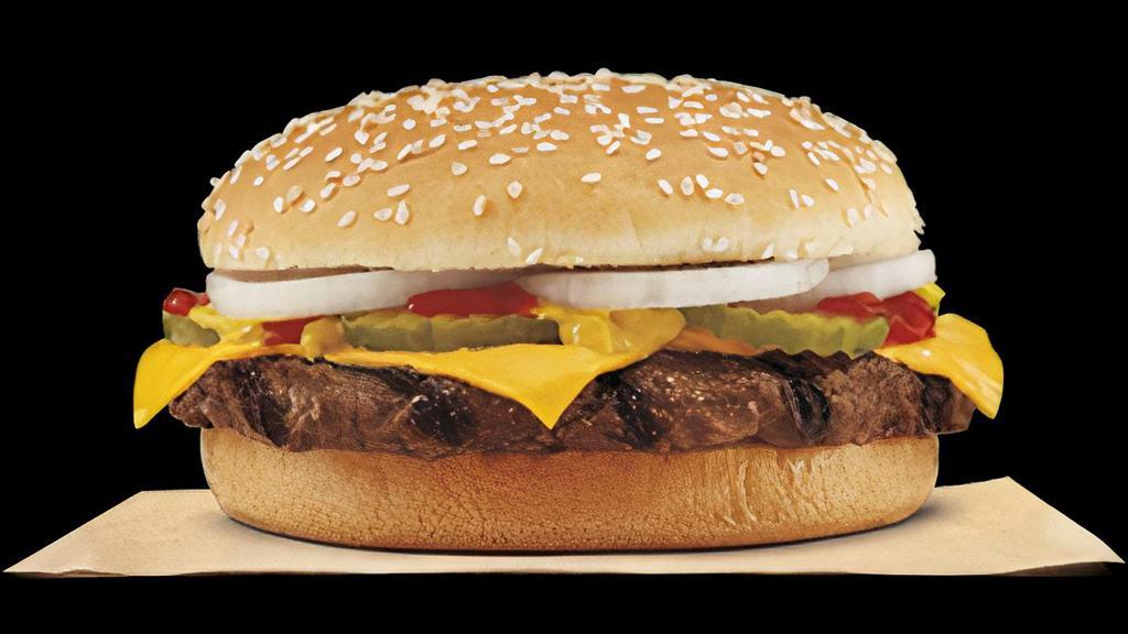 Single Quarter Pound King Meal · Featuring flame-grilled 100% beef, topped with all of our classic favorites: American cheese, freshly sliced onions, zesty pickles, ketchup, & mustard all on a toasted sesame seed bun. *Weight based on pre-cooked patties.