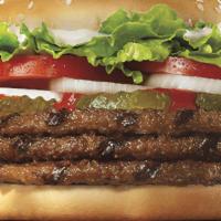 Triple Whopper · Three ¼ lb* flame-grilled beef patties with juicy tomatoes, crisp lettuce, creamy mayonnaise...