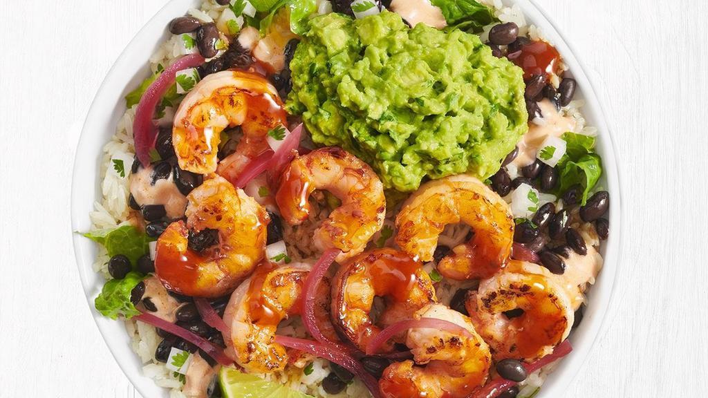 Chipotle Honey Argentinian Shrimp Bowl · Wild caught, grilled Red Argentinian Shrimp, crisp romaine, citrus rice and black beans topped with handmade guacamole, cilantro/onion mix, creamy chipotle sauce, a signature chipotle honey sauce and pickled red onion.