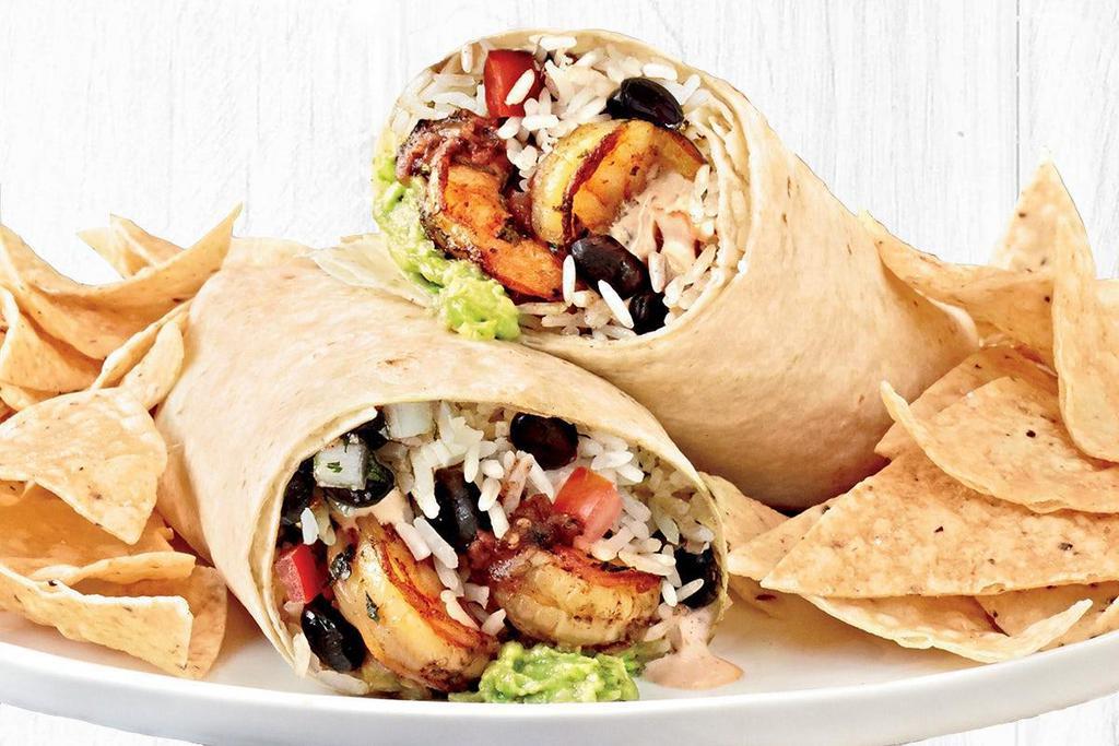 Ancho Citrus Grilled Shrimp Burrito · Pan-seared shrimp with citrus rice, guacamole, black beans, salsa fresca, creamy chipotle sauce, and roasted chipotle salsa in a flour tortilla. Served with a side of tortilla chips (210 cal) or fresh (70 cal) greens.