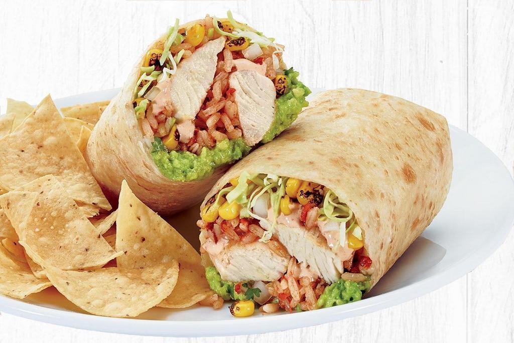 Wild-Caught Mahi Mahi Burrito · Wild-Caught Mahi Mahi with fresh guacamole, fire-roasted corn, Mexican rice, creamy chipotle sauce, cilantro/onion mix and cabbage. Served with a side of tortilla chips (210 cal) or fresh greens (70 cal).