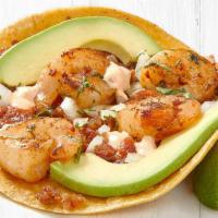 Grilled Gourmet Shrimp Taco (A La Carte) · Pan-seared shrimp served on a corn tortilla with toasted cheese, bacon, Hass avocado slices ...