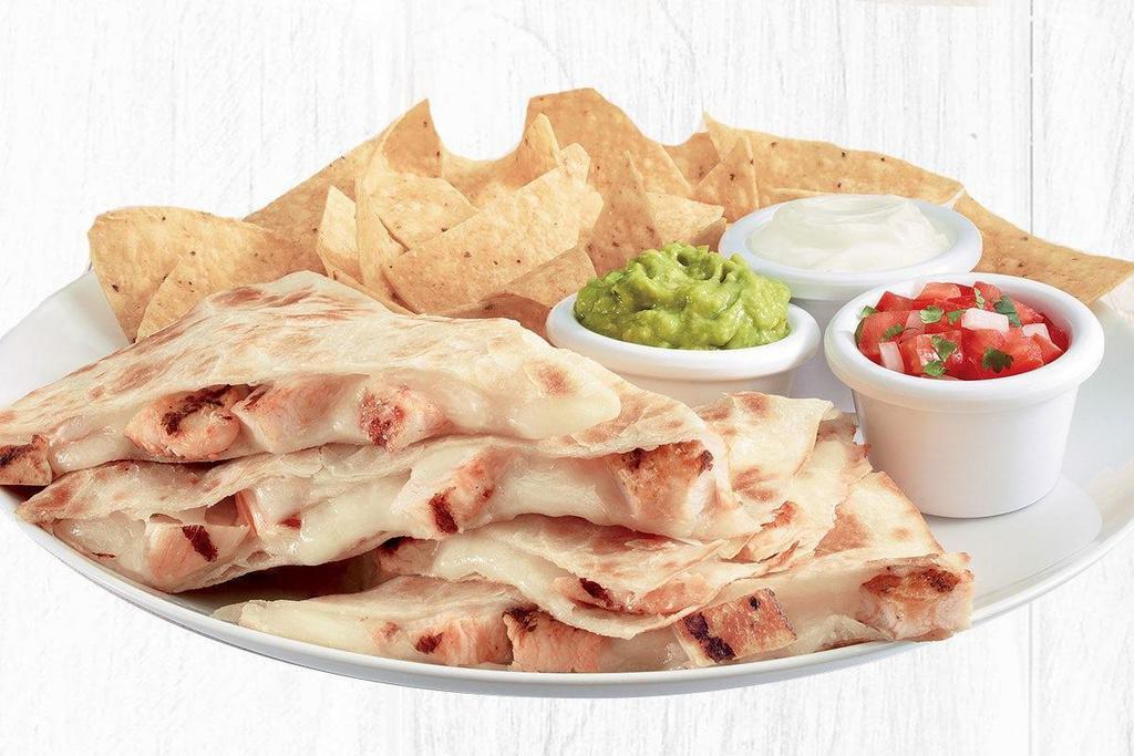 Quesadillas · Choice of cheese, pan-seared shrimp, all natural chicken or grilled USDA-Choice Steak in a toasted flour tortilla with melted cheese. Served with fresh guacamole, salsa fresca, sour cream and chips.