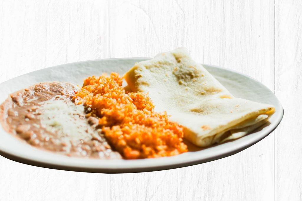 Quesadilla · Melted cheese in a warm flour tortilla. Available with all natural chicken.  Served with a choice of two sides and a drink..
