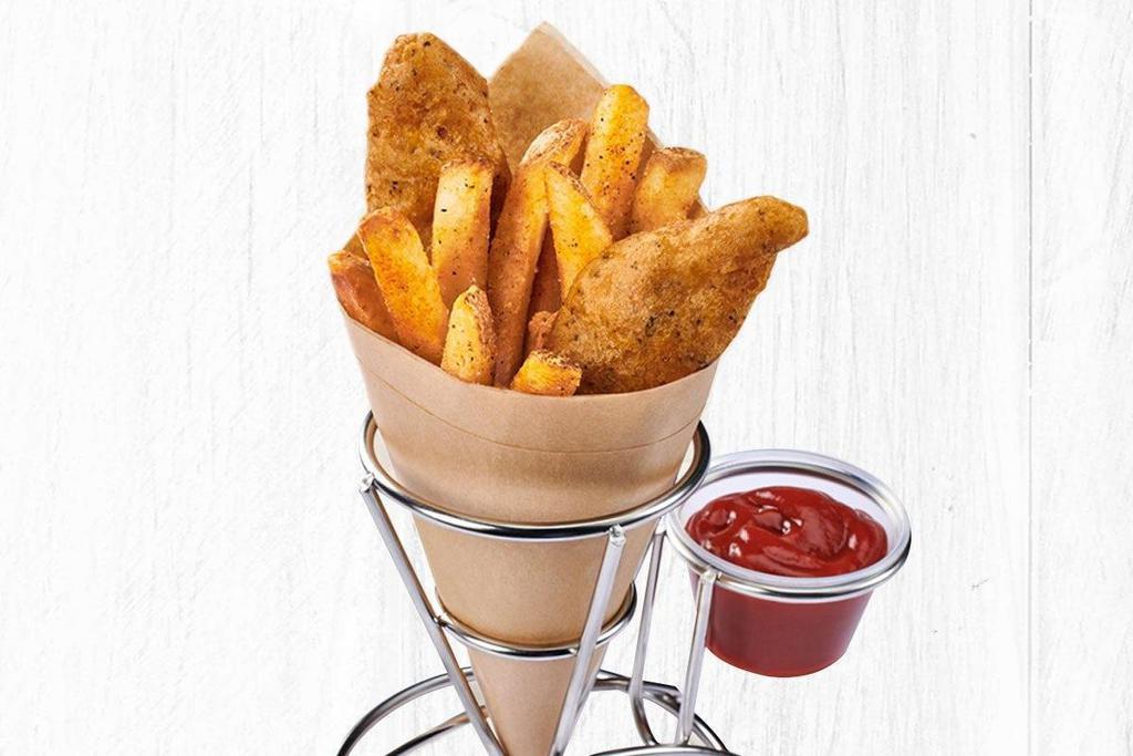 Kid’S Dippers – Hand-Battered Fish & Fries  · Two, hand-battered, sustainable Wild Alaska Pollock filets and seasoned french fries.  Choice of ranch or ketchup for dipping.  Includes choice of kid’s drink.