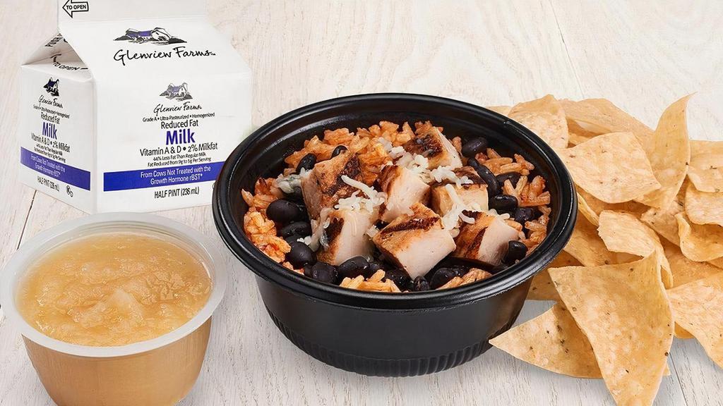 Chicken Bowl · All natural chicken, Mexican rice, black beans and shredded cheese. Served with a choice of two sides and a drink..